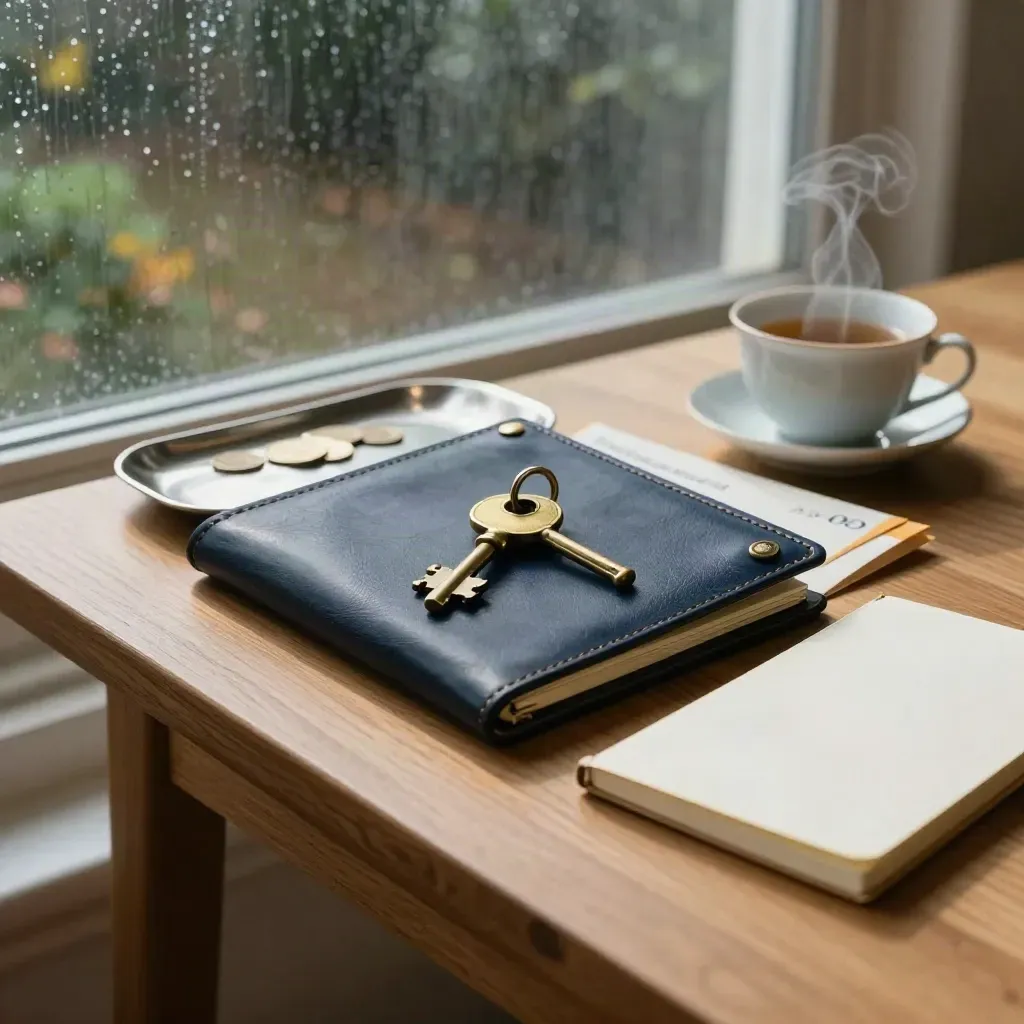 Navy portfolio, brass key, pension envelopes and coin tray on oak island in rainy evening light.