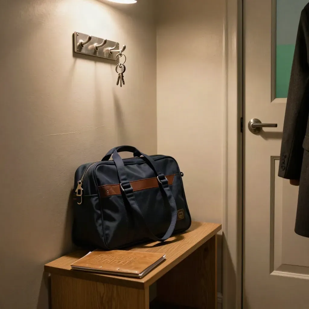Hallway console with keys, satchel and folder, lit by an evening door-close