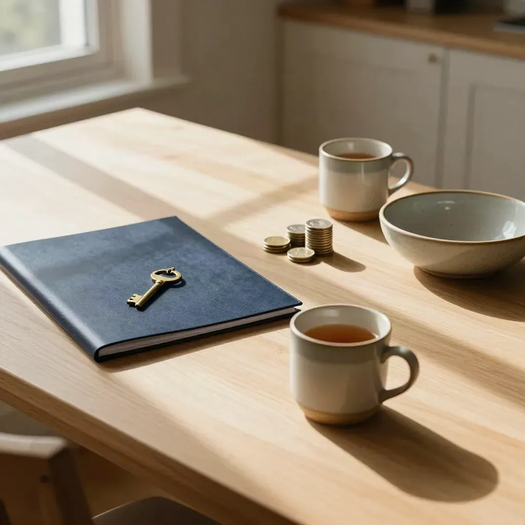 Navy planning folder, brass key, coins and mugs on a sunlit dining table in a calm breakfast nook.