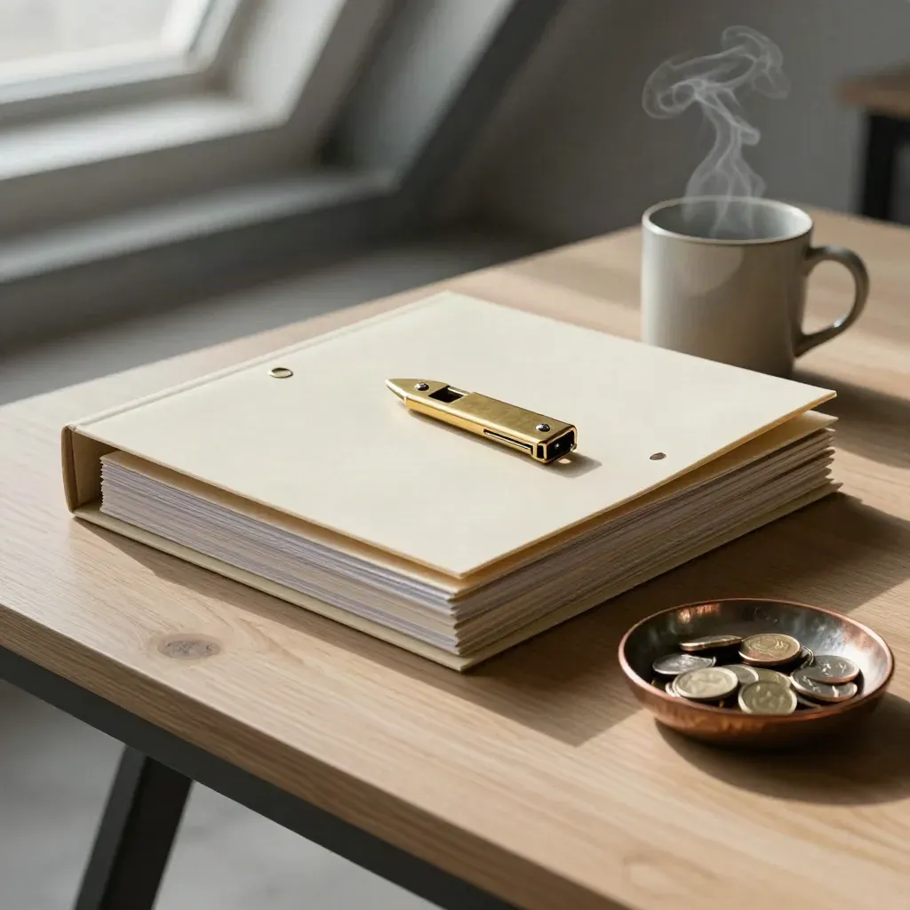 Tax folders, brass opener, mug and coin bowl on a loft worktable under skylight.