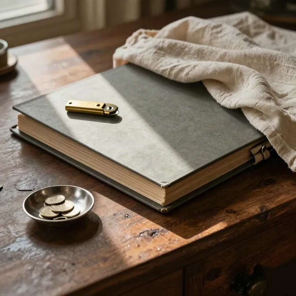 Brass letter opener and folders on a city study workbench in warm late-afternoon light.