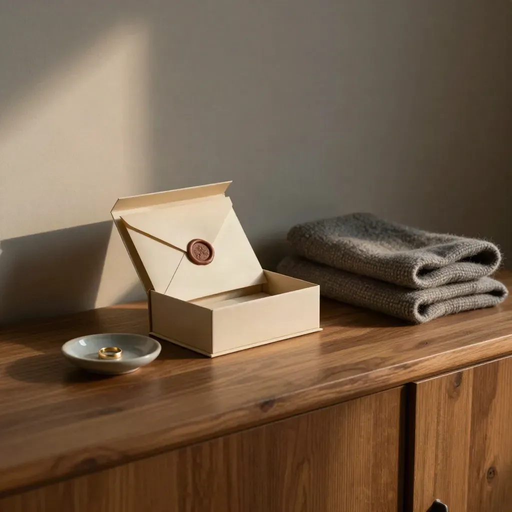 Cedar sideboard with keepsake box, wax-sealed envelope, ring dish and folded wool wrap in twilight