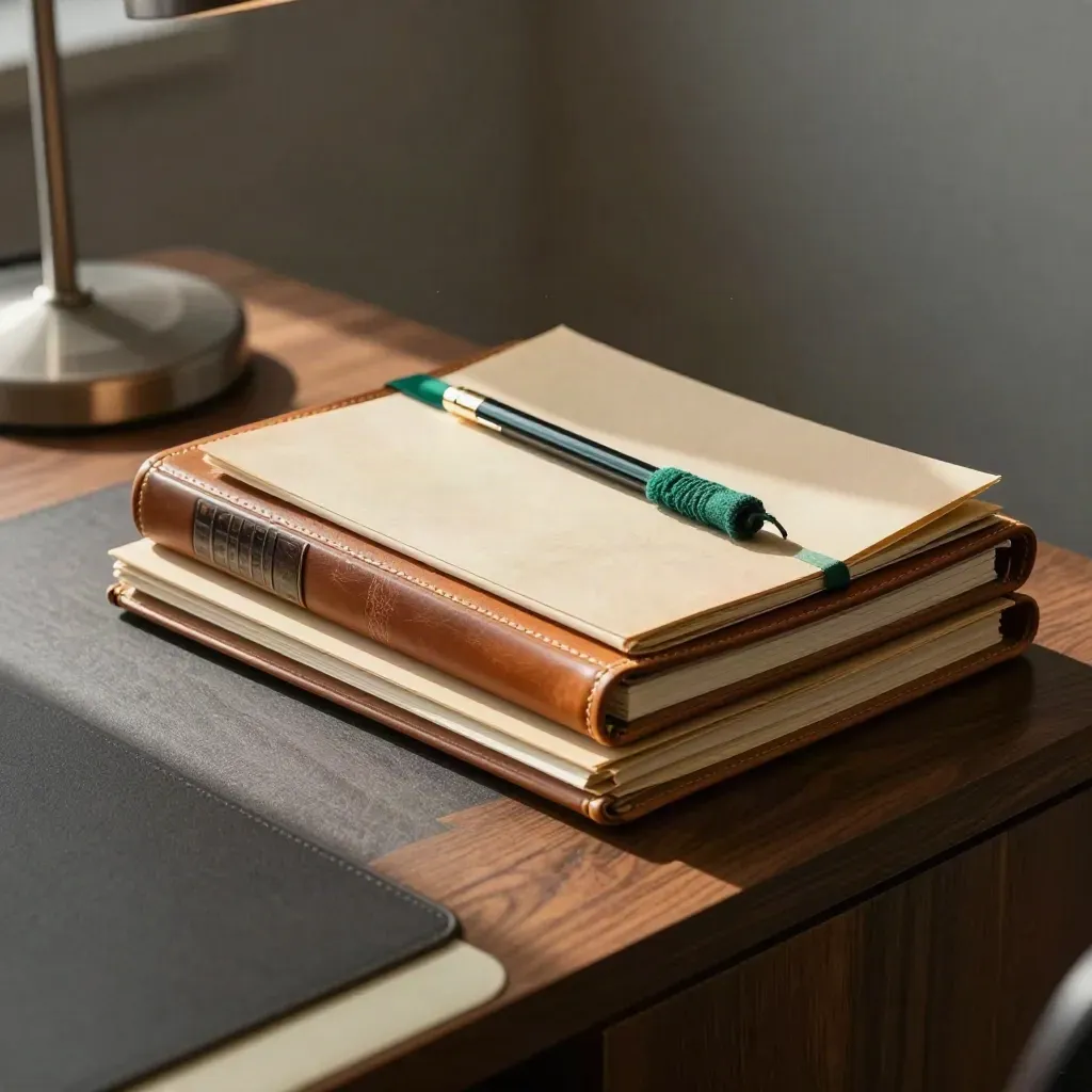 Leather binder stack with closed notebook and policy folders beside a desk lamp in a calm advisory room.