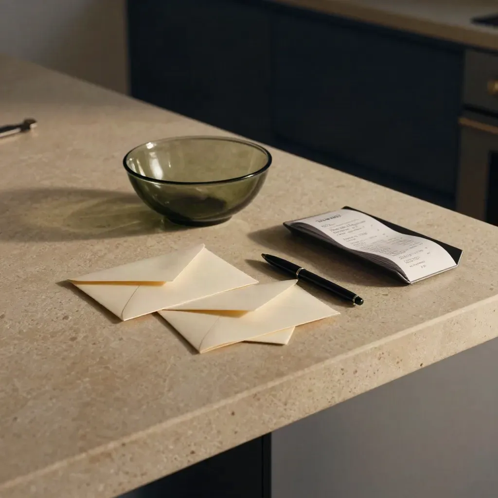 Kitchen island still life with green glass bowl, face-down envelopes, a pen, and a receipt tray in evening light.