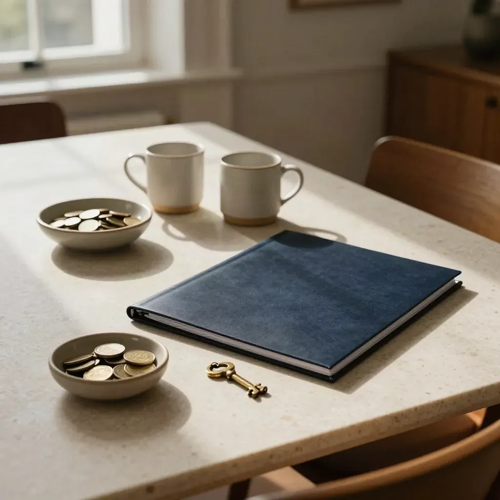 West London dining table with planning folder, mugs, key and coins in dawn light.