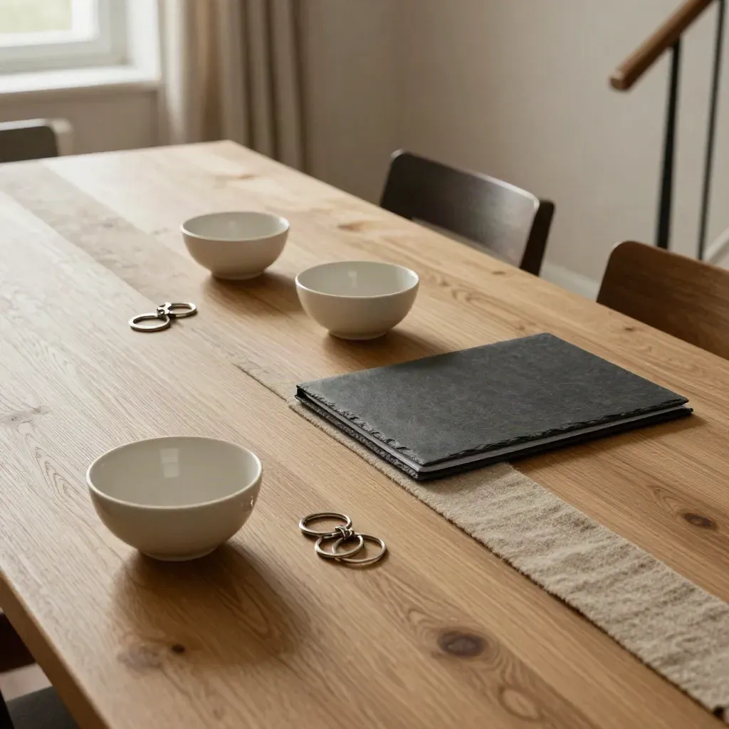 High oblique dining room table with bowls, keyrings, folder, and a drifting wool runner at dusk.