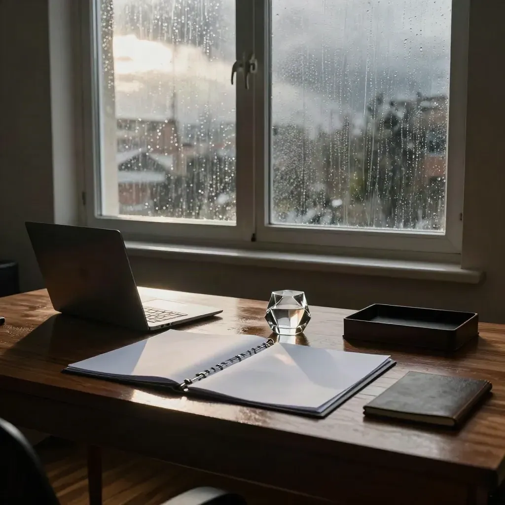 Low tax planning desk by a tall sash window with laptop, folders and paperweight in silver light.