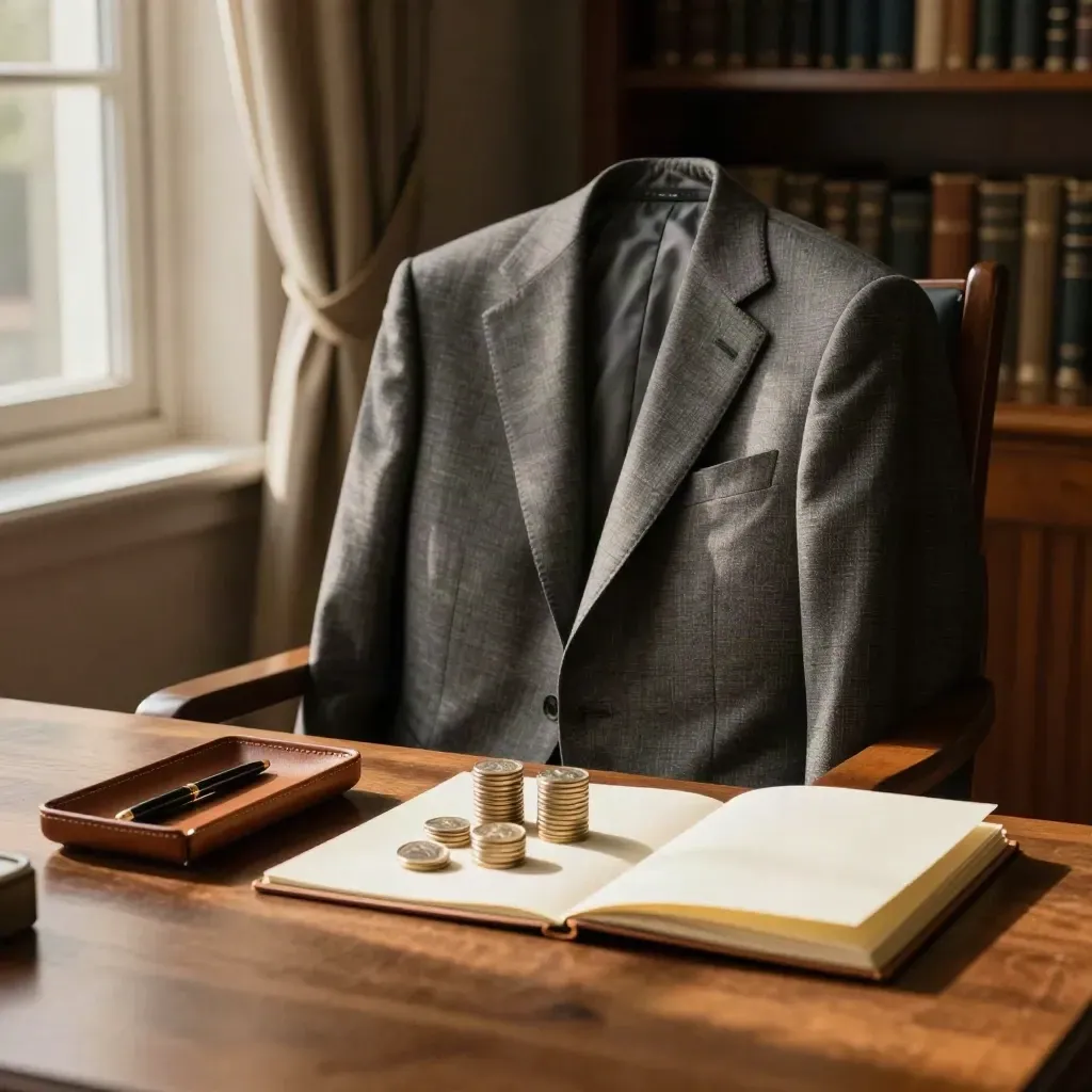 Suit jacket, coin stacks and a blank notebook in a warm director's study by evening window light.