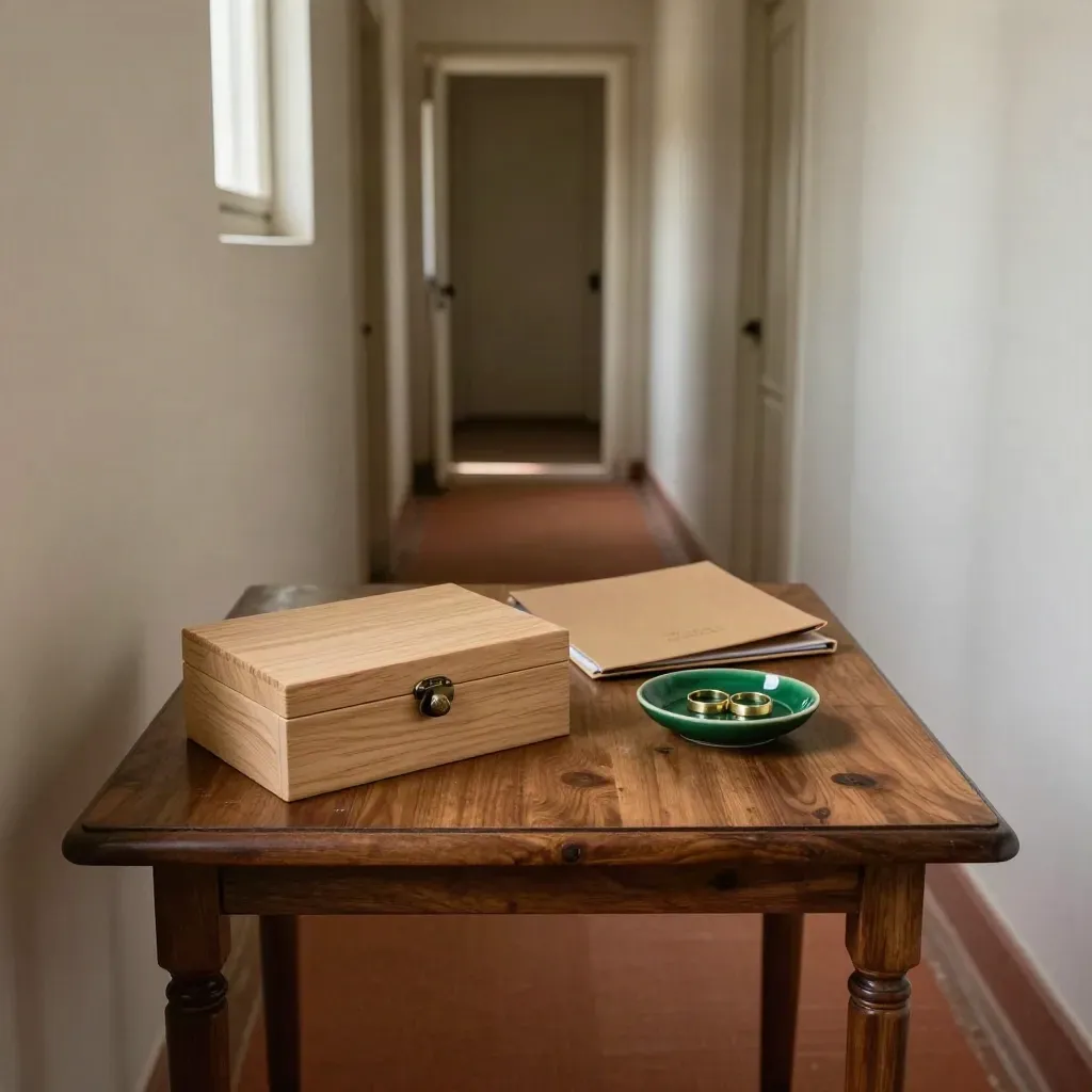 Hallway console with keepsake box, folder and ring dish after the front door closes