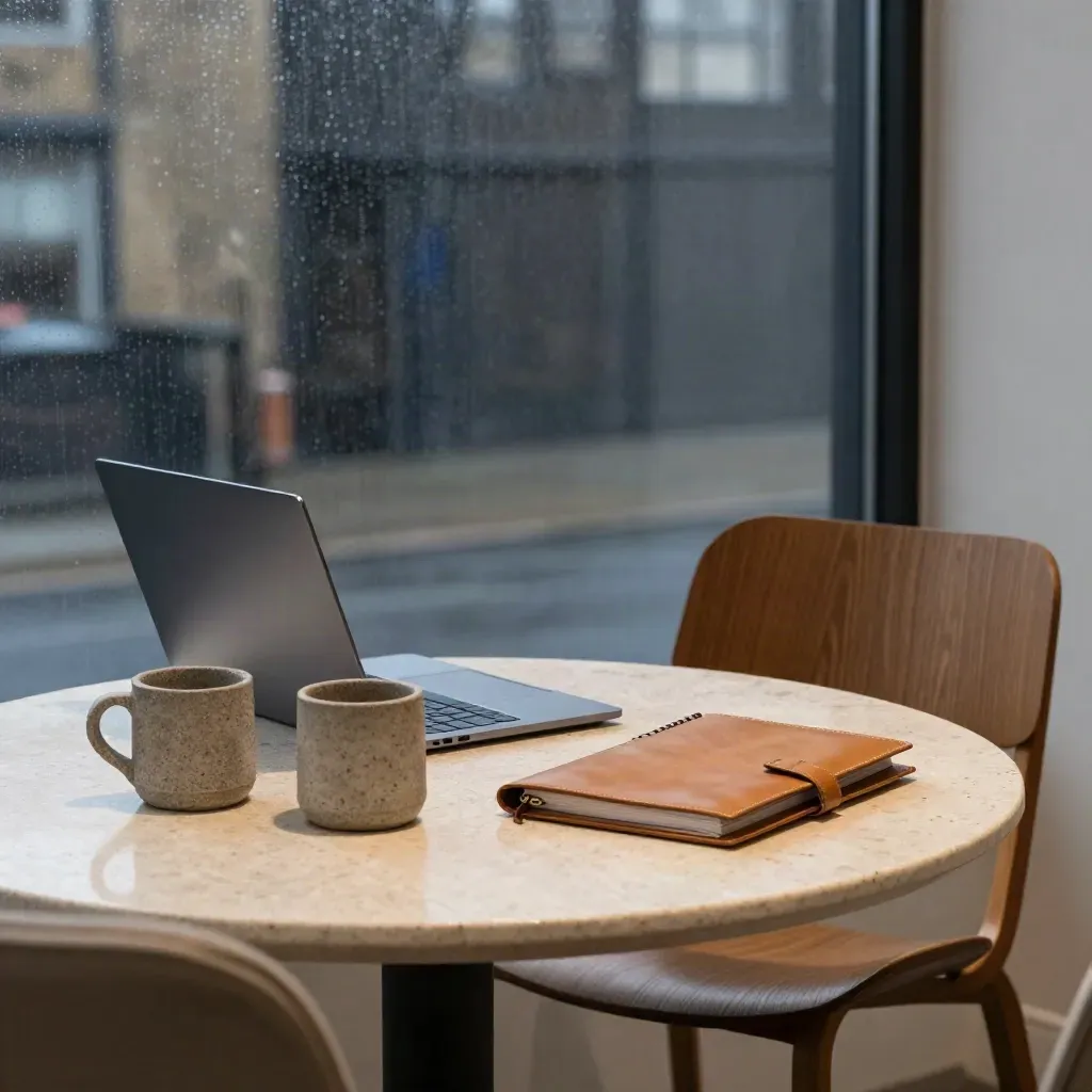 London office lounge with laptop, mugs, planner sleeve and rain on glass