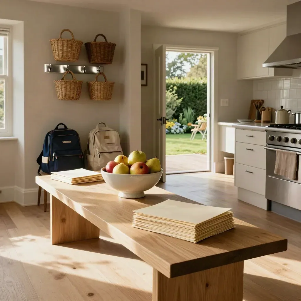 Surrey kitchen corner with school bags, fruit bowl and envelope stacks in morning sun.