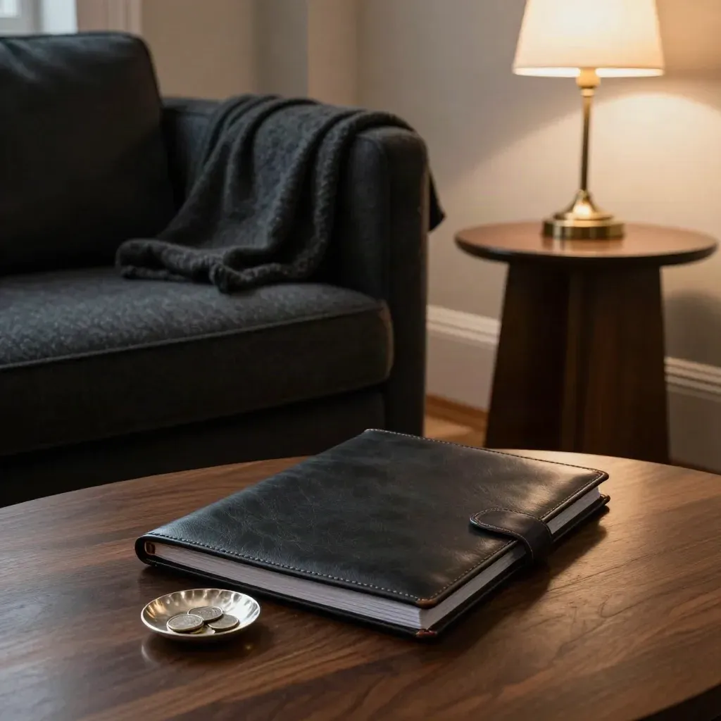 Dark wool armchair, coin dish, closed folder and table lamp in a moody pension review corner.