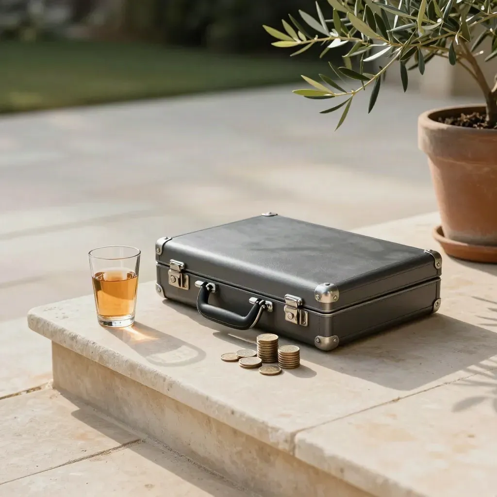 Briefcase, coins, water glass and olive plant on a sunlit stone terrace.