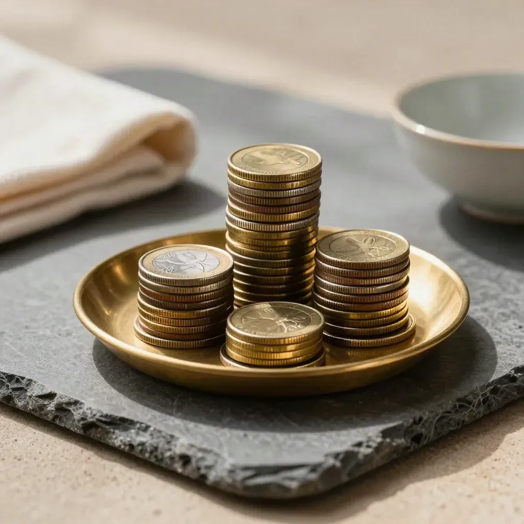 Overhead flatlay of mixed coin stacks in a brass dish with ivory cloth and ceramic bowl.