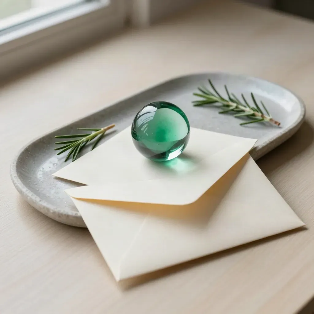 Emerald paperweight pinning cream envelopes on a stone tray with rosemary