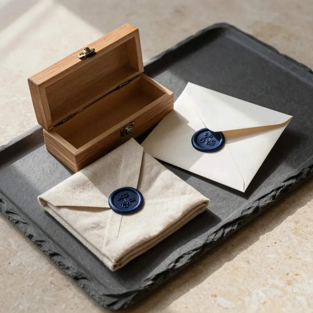 Oak keepsake box, wax-sealed envelope and linen square on a slate tray in soft daylight.