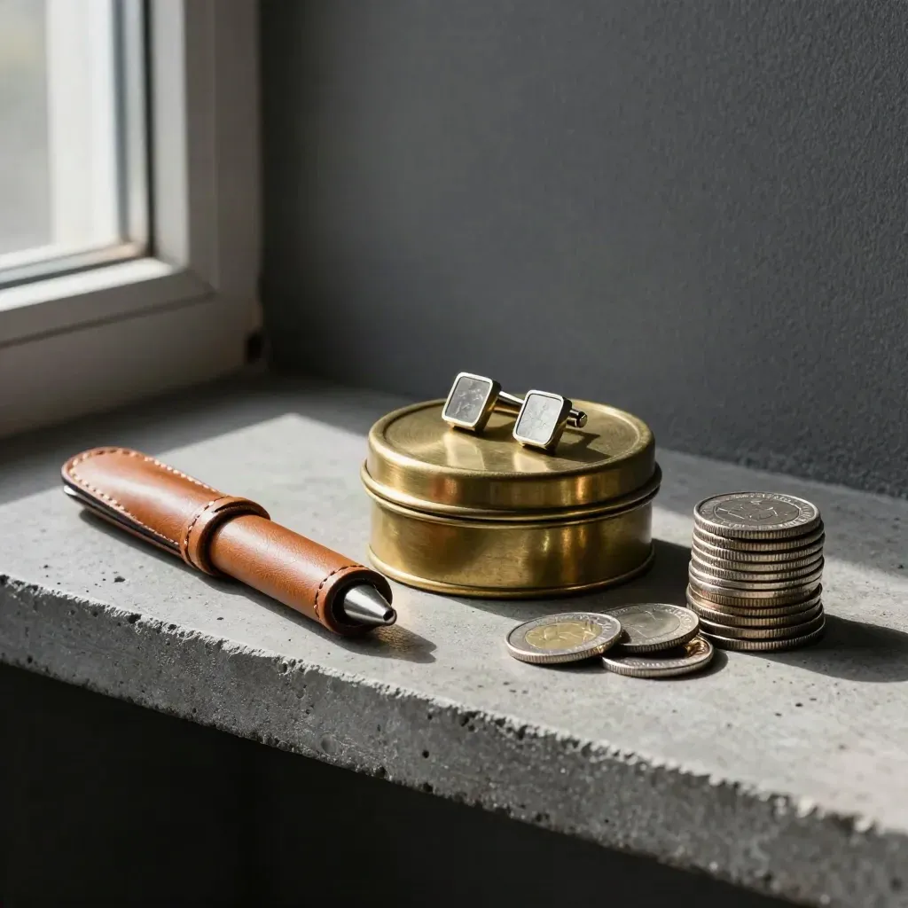 Brass cufflink tin, open leather pen case and silver coin pile on a stone shelf